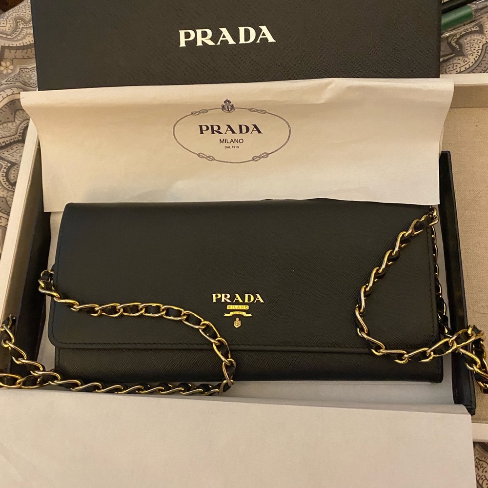 Authentic Black Prada Saffiano Wallet on Chain